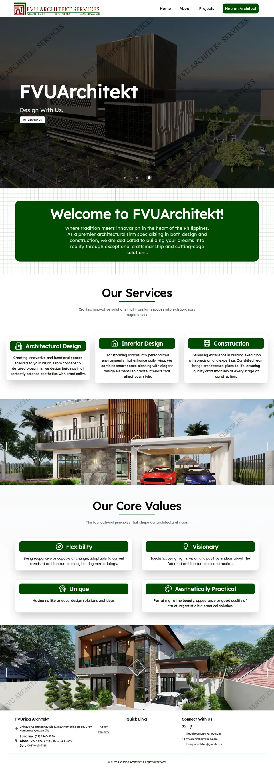 Full FVUArchitekt home page, from hero to footer