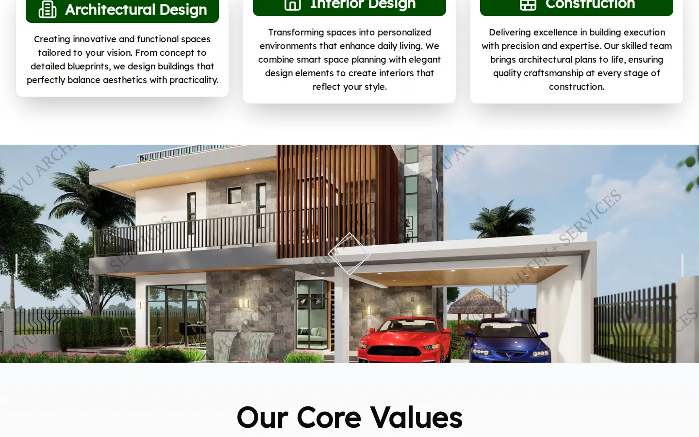 Service cards above a wide residential render