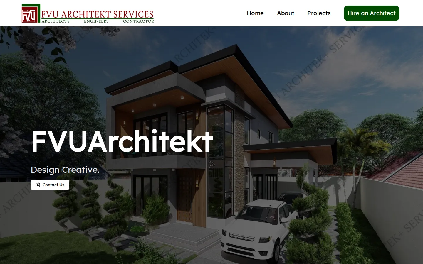 Home page hero with the FVUArchitekt title over a house render