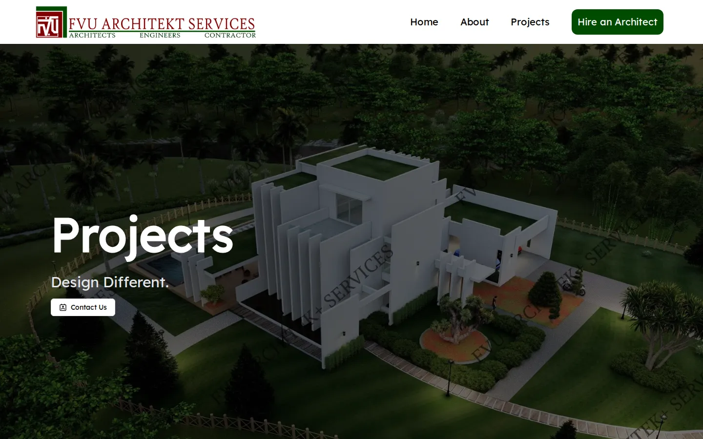 Projects page hero showing an aerial render of a white villa