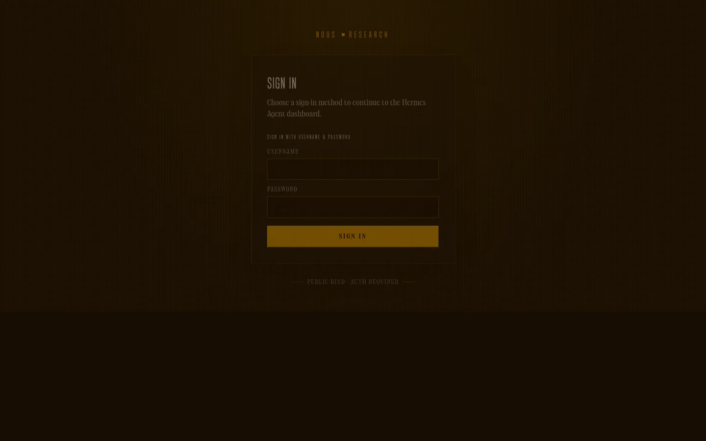 Hermes Agent web dashboard sign-in screen with empty username and password fields