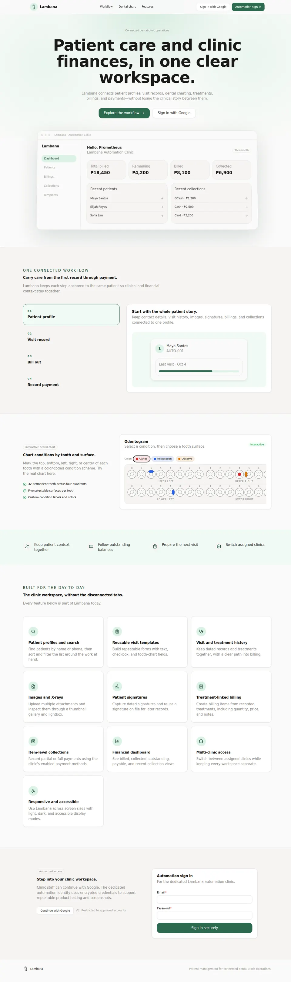 Full Lambana landing page from the patient care hero through workflow, features, and sign-in