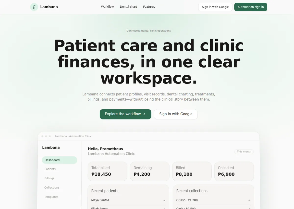 Lambana landing page hero introducing one workspace for patient care and clinic finances