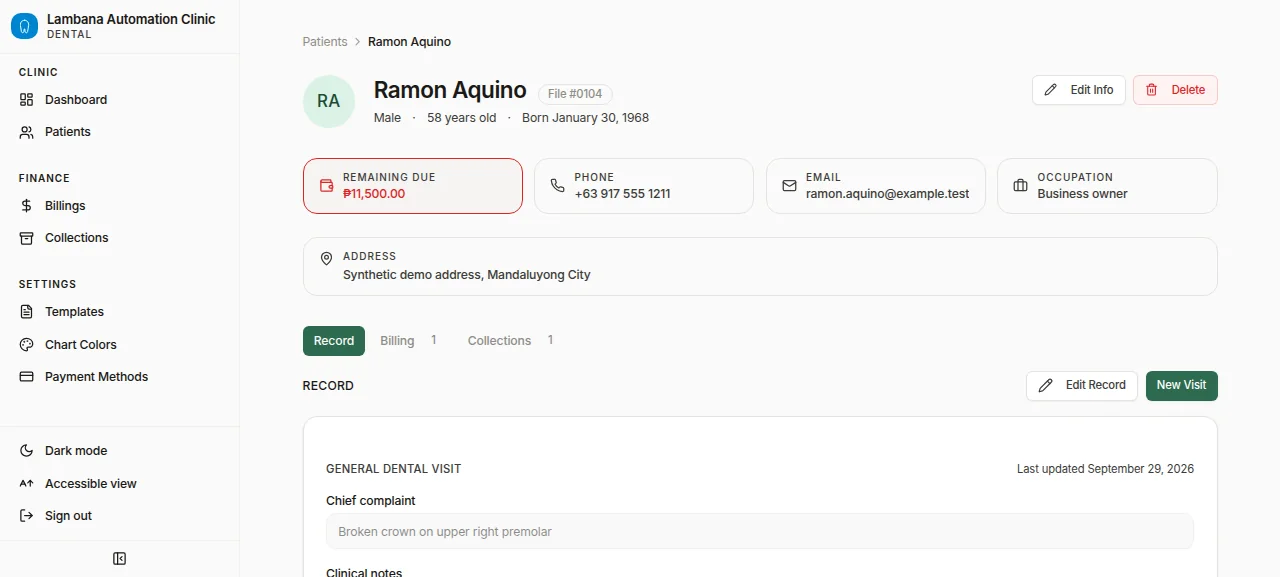 Patient profile with remaining due, contact details, and record, billing, and collections tabs