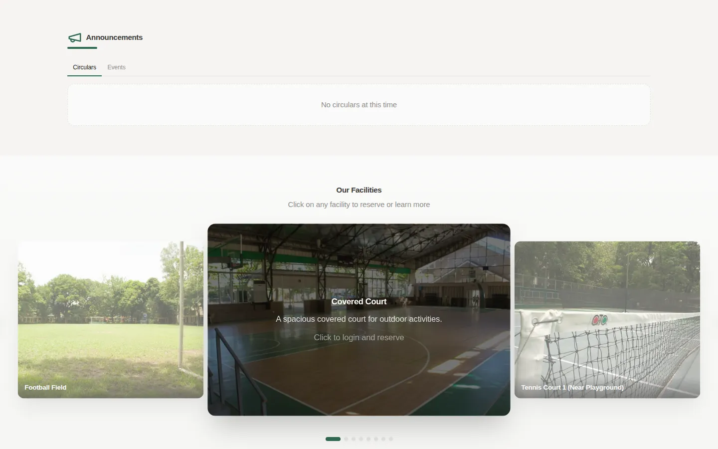 Announcements tabs above a carousel of village facilities