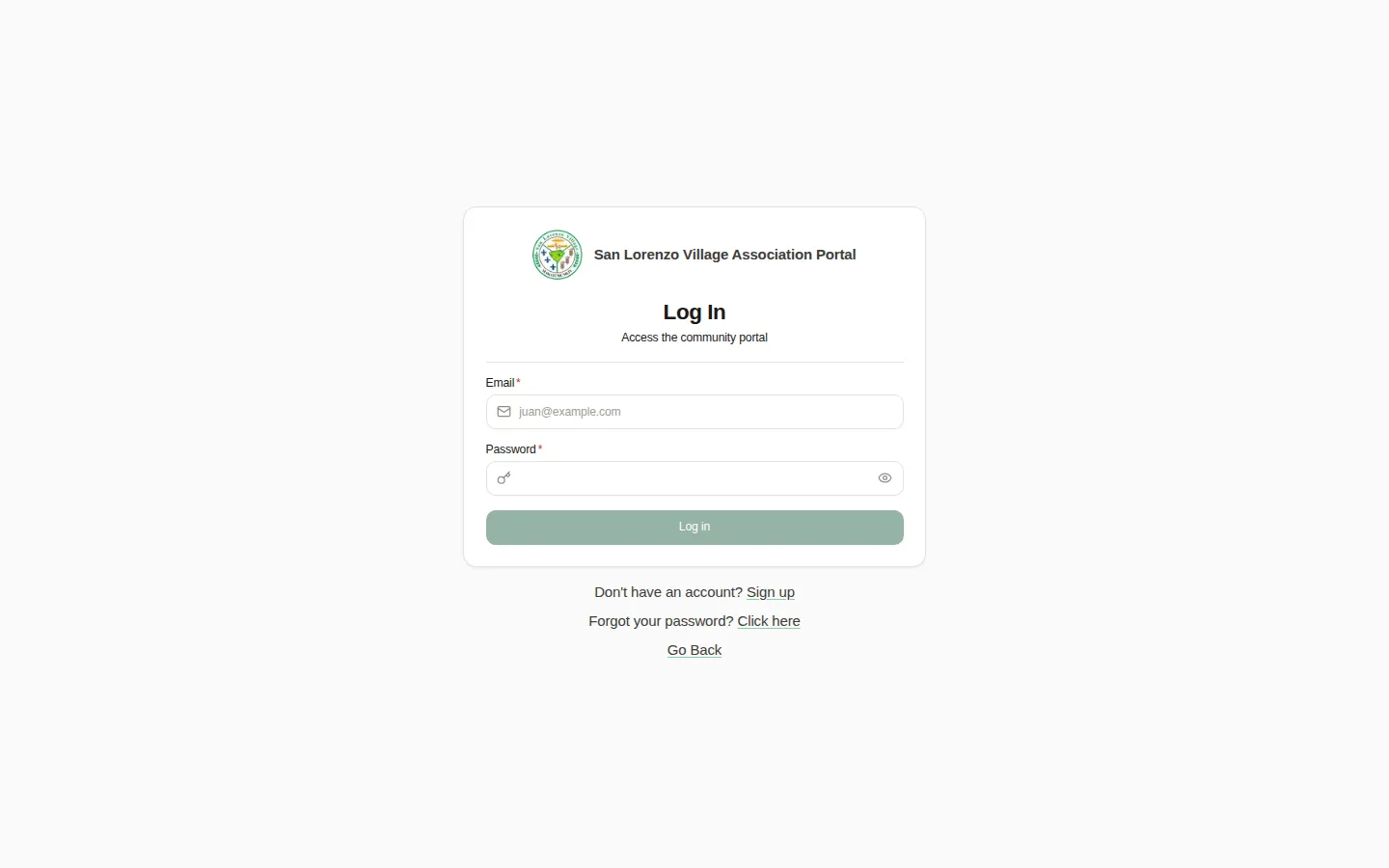 San Lorenzo Village Association Portal sign-in form