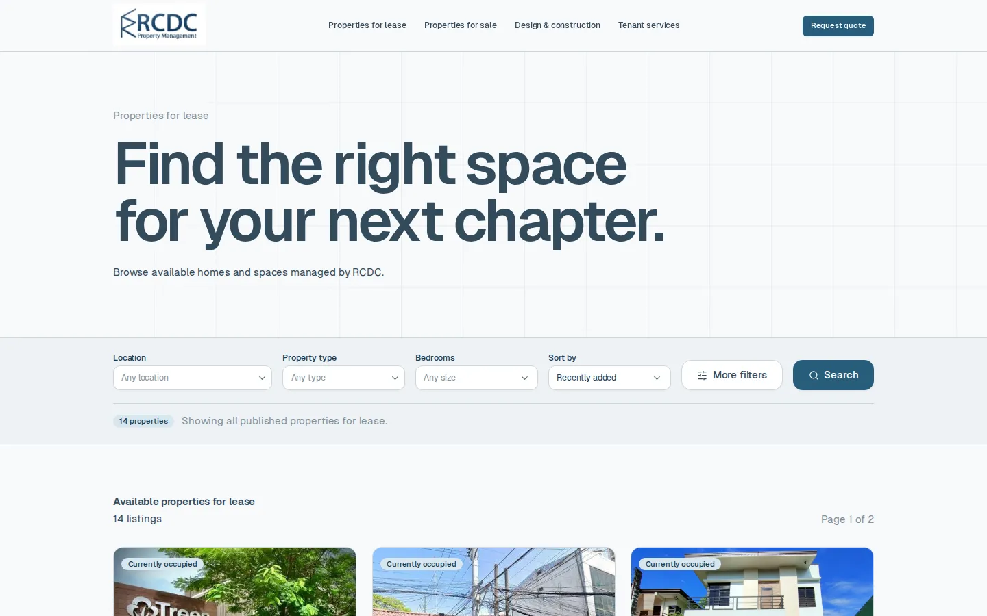 Properties for lease page with location, type, and bedroom filters