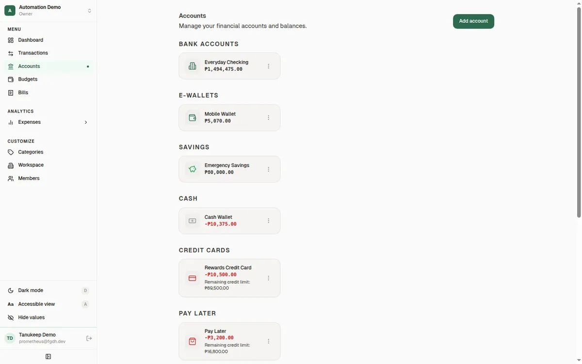 Accounts grouped into bank accounts, e-wallets, savings, cash, credit cards, and pay later