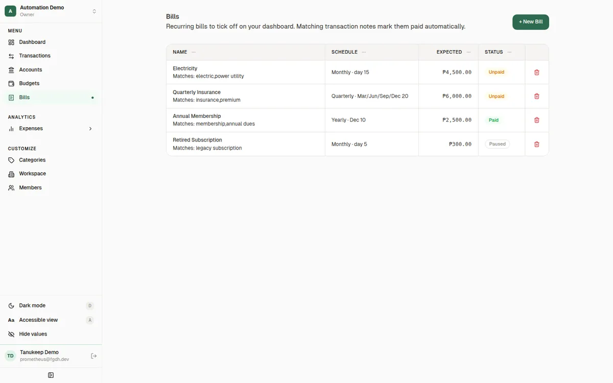 Recurring bills table with schedules, expected amounts, and paid status
