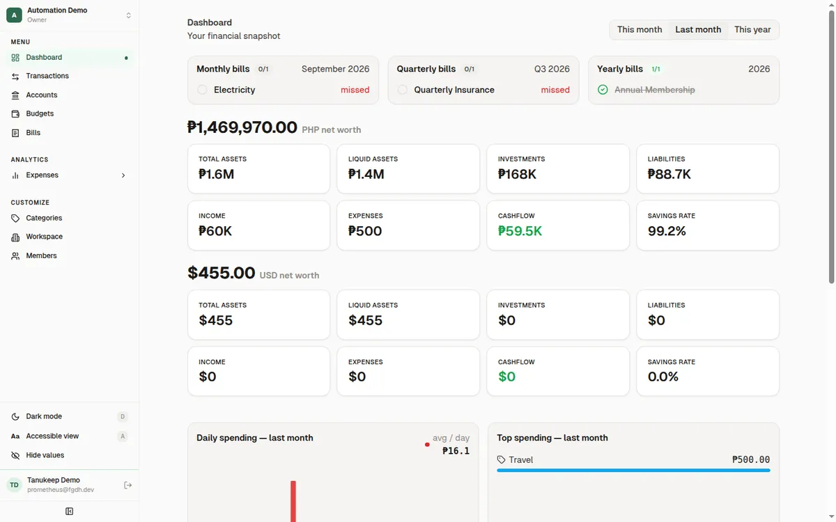 Tanukeep dashboard for last month with bill checklists, net worth, income, expenses, cash flow, and savings rate