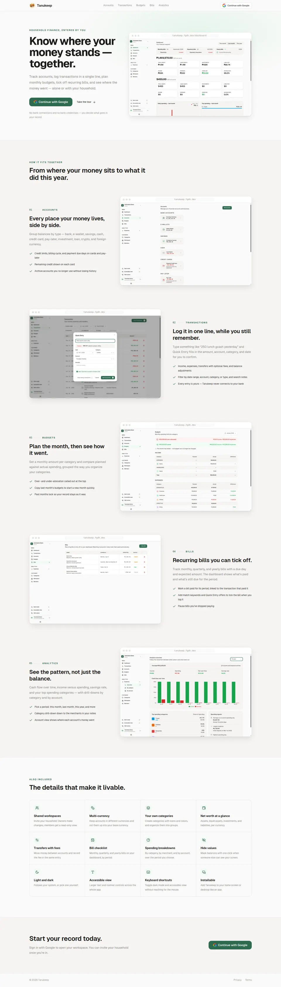Full Tanukeep landing page from the dashboard hero through accounts, transactions, budgets, bills, analytics, features, and sign-in