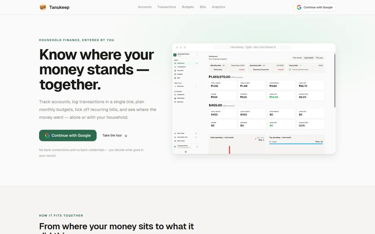 Tanukeep public landing page hero with the promise beside a browser-frame mockup of the dashboard