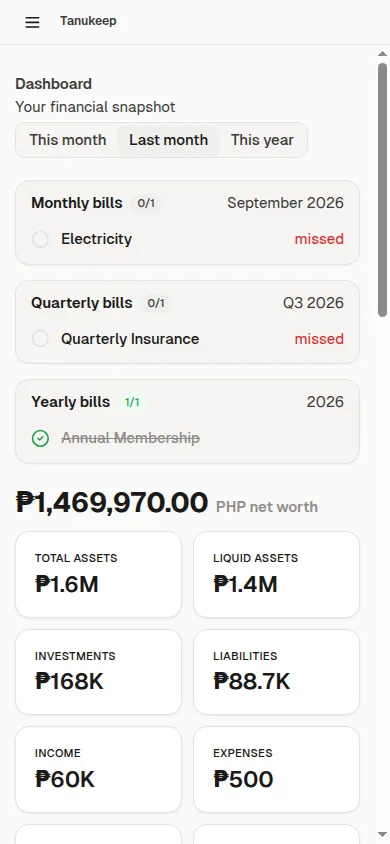 Tanukeep dashboard on a phone