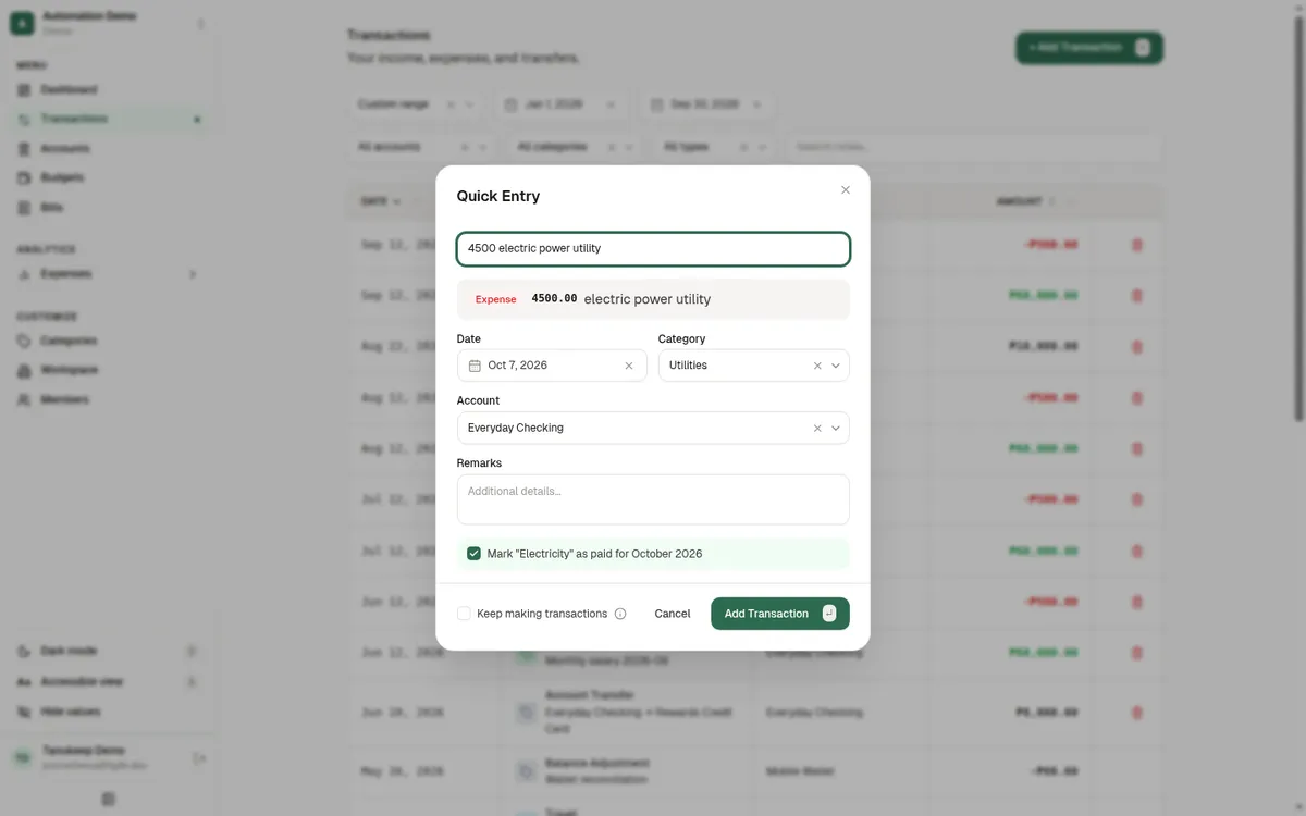 Quick Entry dialog parsing a one-line expense into amount, account, category, and date, with a matching bill offered to tick off
