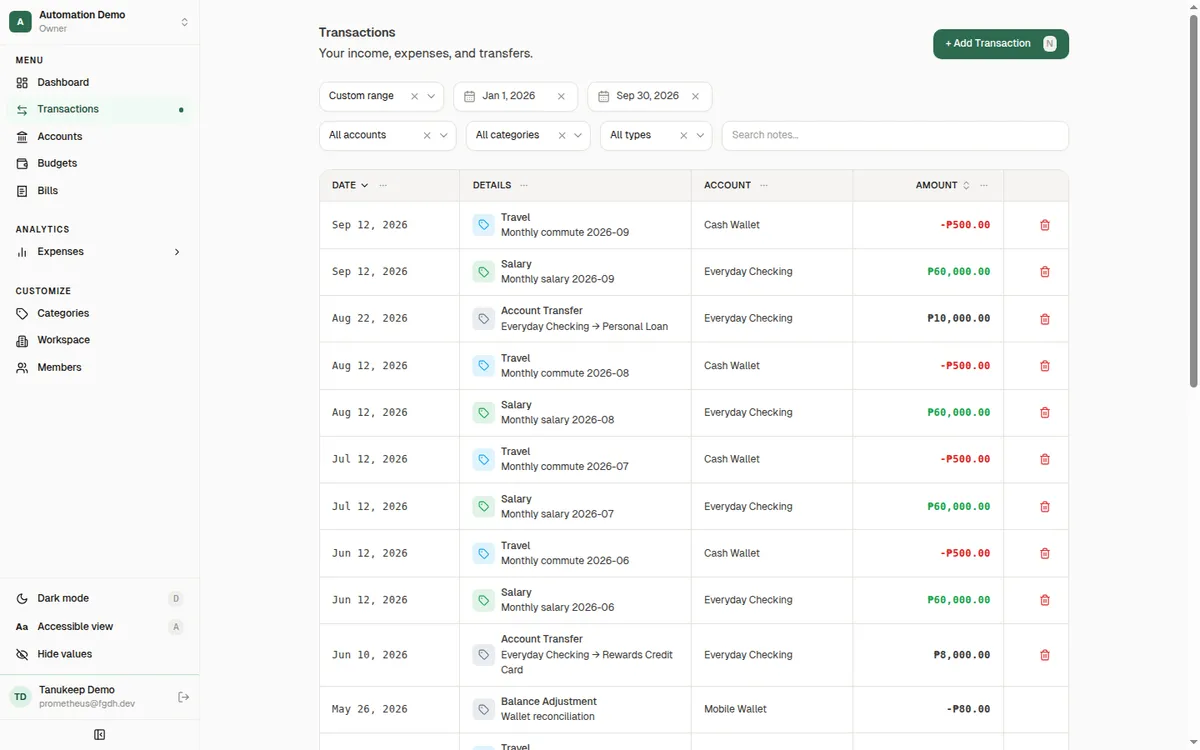 Transactions table filtered by date, account, category, and type